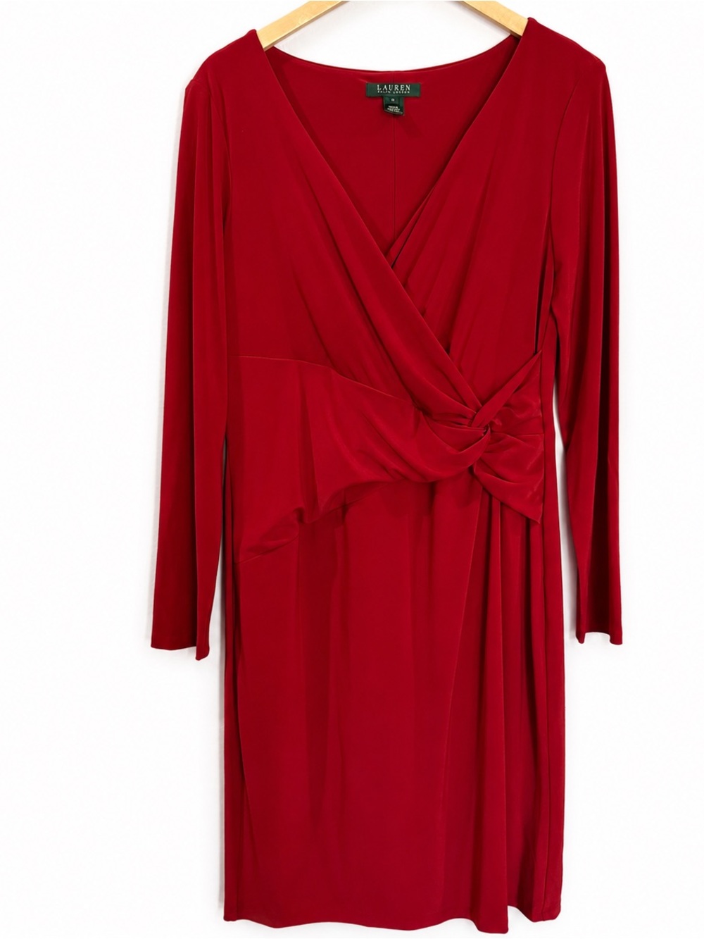 Lauren Ralph Lauren Dress Red Size 14 mid length long sleeve waist twist Draped